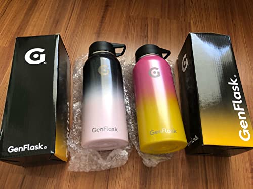 GenFlask 32oz insulated vacuum Stainless Steel ombre water bottle - Wide mouth straw lid leakproof tumbler (Black-Baby-Pink)