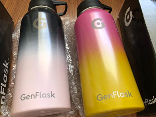 GenFlask 32oz insulated vacuum Stainless Steel ombre water bottle - Wide mouth straw lid leakproof tumbler (Black-Baby-Pink)