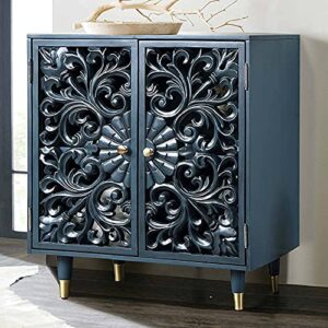 laluz double door accent storage cabinet buffet cabinet sideboard for living room modern hollow carved wood, blue 30 inch