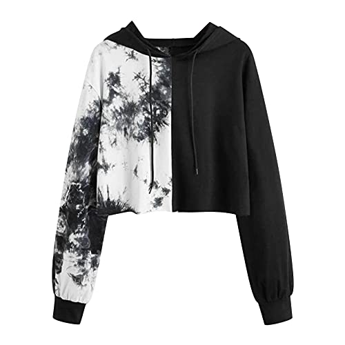 Hemlock Teen Girls Tie Dye Sweatshirts Long Sleeve Hood Pullovers Color Block Hoodies School Sport Blouse Fall Crop Tops Black