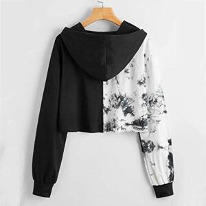 Hemlock Teen Girls Tie Dye Sweatshirts Long Sleeve Hood Pullovers Color Block Hoodies School Sport Blouse Fall Crop Tops Black