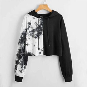 Hemlock Teen Girls Tie Dye Sweatshirts Long Sleeve Hood Pullovers Color Block Hoodies School Sport Blouse Fall Crop Tops Black