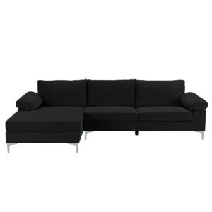 casa andrea milano llc modern large velvet fabric sectional sofa, l-shape couch with extra wide chaise lounge, coal black