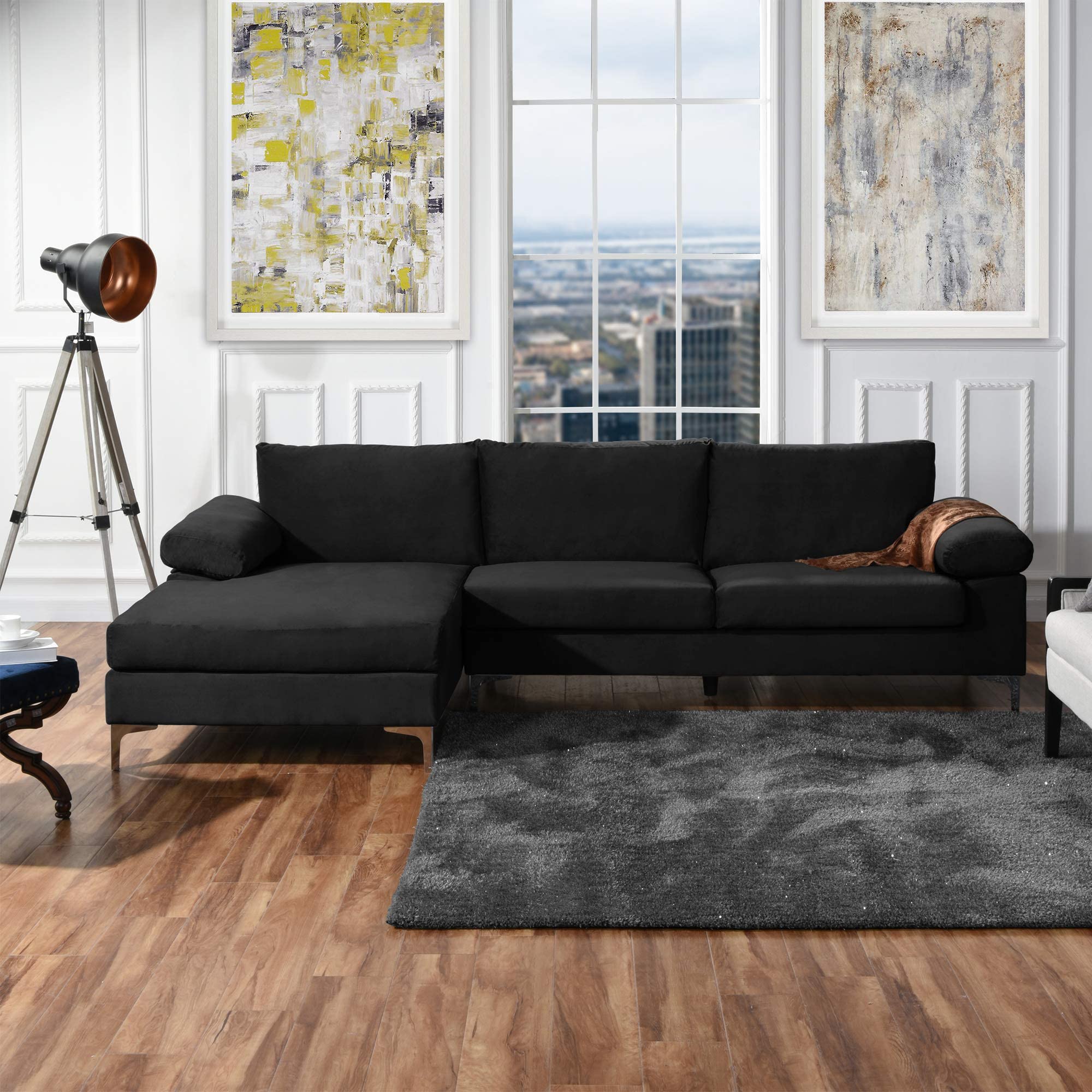 Casa Andrea Milano llc Modern Large Velvet Fabric Sectional Sofa, L-Shape Couch with Extra Wide Chaise Lounge, Coal Black