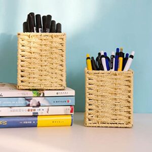 Cabilock Wicker Pencil Holder Nature Rattan Makeup Brush Cup Square Pen Holder Cutlery Silverware Caddy Holder Wicker Storage Basket Woven Flower Pots Desktop Sundries Container Basket