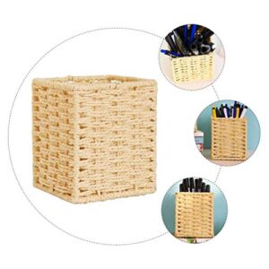 Cabilock Wicker Pencil Holder Nature Rattan Makeup Brush Cup Square Pen Holder Cutlery Silverware Caddy Holder Wicker Storage Basket Woven Flower Pots Desktop Sundries Container Basket