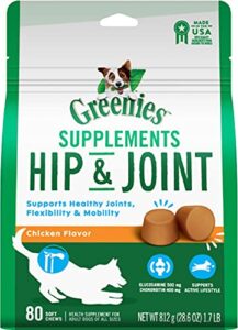 greenies hip & joint dog supplements with glucosamine and chondroitin, 80-count chicken-flavor soft chews for adult dogs