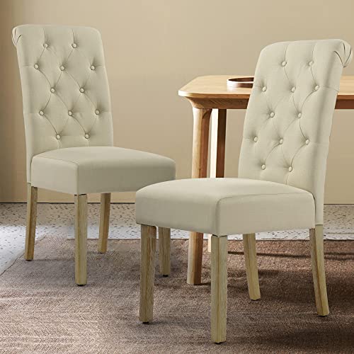 thksbought Set of 2 Dining Chairs,Advanced Knitting Cushion with Button Decoration,Armless All Wooden Legs for Kitchen,Bedroom,Dining Room(TAN)