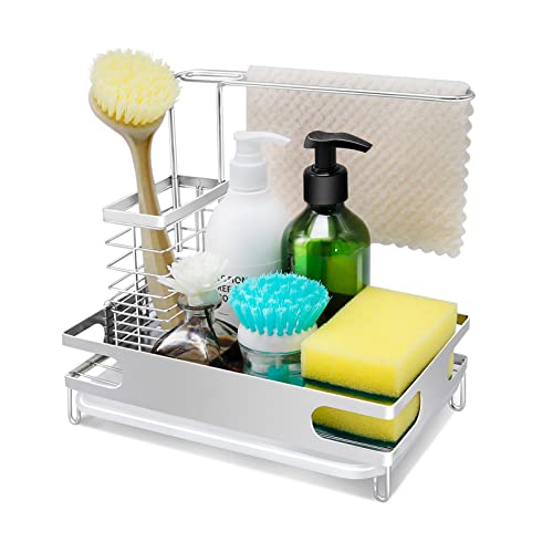 UOIENRT Sink Caddy Kitchen Sink Organizer, Brushed Stainless Steel Sponge Holder for Sink Kitchen Sink Caddy Organizer Dish Rags Brush Scrubber Soap Dispenser Bottle Holder Counter Storage