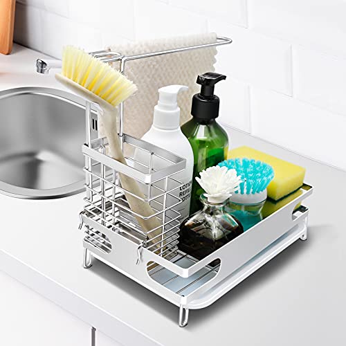 UOIENRT Sink Caddy Kitchen Sink Organizer, Brushed Stainless Steel Sponge Holder for Sink Kitchen Sink Caddy Organizer Dish Rags Brush Scrubber Soap Dispenser Bottle Holder Counter Storage