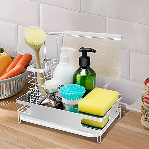 UOIENRT Sink Caddy Kitchen Sink Organizer, Brushed Stainless Steel Sponge Holder for Sink Kitchen Sink Caddy Organizer Dish Rags Brush Scrubber Soap Dispenser Bottle Holder Counter Storage