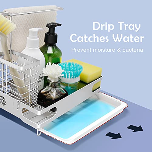 UOIENRT Sink Caddy Kitchen Sink Organizer, Brushed Stainless Steel Sponge Holder for Sink Kitchen Sink Caddy Organizer Dish Rags Brush Scrubber Soap Dispenser Bottle Holder Counter Storage