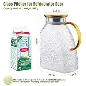 BINCOO Fridge Door Water Pitcher,1.8 Liter/60oz Glass Pitcher, Ice Tea Pitcher For Fridge, Pitcher Beverage Pitcher Drinking Carafe for Homemade Juice Ice Tea Wine Coffee Milk Lemonade