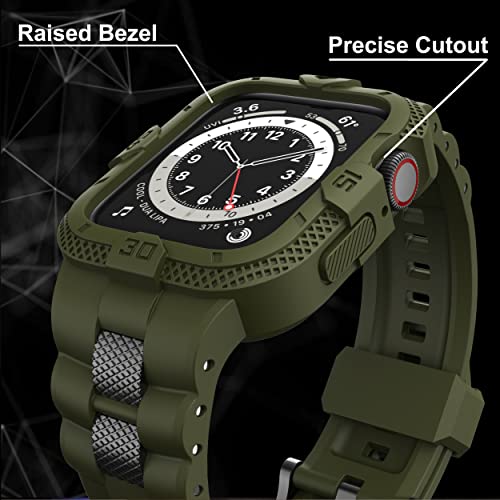 GELISHI Compatible for Apple Watch Band 45mm 44mm 42mm with Bumper Case, Men Rugged Bands Protector for Watch Series 8 7/Series 6 SE 5 4 3 2, Sport Military Band Protective Case, Army Green