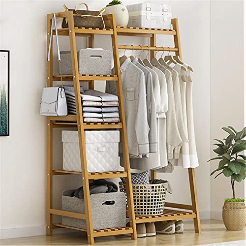 ZJDU Bamboo Clothes Hanging Rack,Extra Large Wardrobe Clothes Garment Rack,Free Standing Closet Organizer,Storage Shelves for Entryway and Bed Room,80×40×140cm