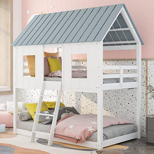 Bunk Bed Twin Over Twin , House Bed for Kids with Roof and Windows,Wood Low House Bunk Beds with Guard Rails for Toddlers ,White