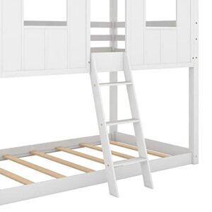 Bunk Bed Twin Over Twin , House Bed for Kids with Roof and Windows,Wood Low House Bunk Beds with Guard Rails for Toddlers ,White