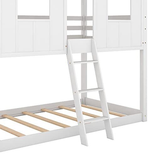 Bunk Bed Twin Over Twin , House Bed for Kids with Roof and Windows,Wood Low House Bunk Beds with Guard Rails for Toddlers ,White