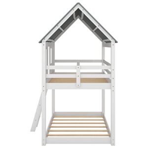 Bunk Bed Twin Over Twin , House Bed for Kids with Roof and Windows,Wood Low House Bunk Beds with Guard Rails for Toddlers ,White