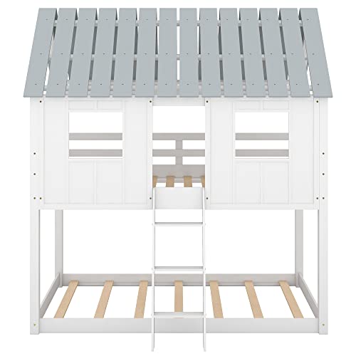 Bunk Bed Twin Over Twin , House Bed for Kids with Roof and Windows,Wood Low House Bunk Beds with Guard Rails for Toddlers ,White