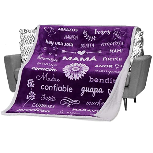 FILO ESTILO Dia de las Madres Regalos para Mama, Spanish Mom Blanket, Birthday/Cumpleaños, Madre Gifts en Español, la Mejor Mama del Mundo 60x50 Inches (Purple, Sherpa)