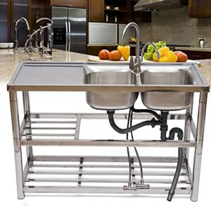 CNCEST 2 Compartment Stainless Steel Commercial Kitchen Prep & Utility Sink w/ Faucet,Fit For Commercial Restaurant Kitchen (2 Compartment Bowl (120x81x45cm))