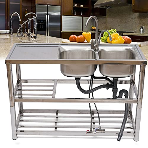 CNCEST 2 Compartment Stainless Steel Commercial Kitchen Prep & Utility Sink w/ Faucet,Fit For Commercial Restaurant Kitchen (2 Compartment Bowl (120x81x45cm))