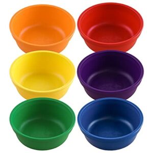 re play 12 oz. bowls for snacks, desserts, or small side dish in orange, yellow, green, red, amethyst & navy-bpa free- made in usa from eco friendly recycled milk jugs - crayon box - set of 6