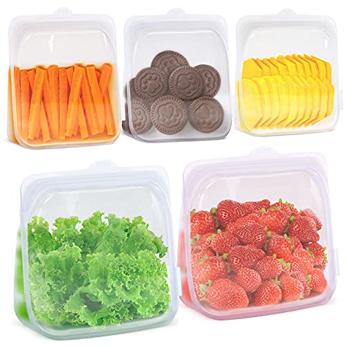 EcoEarth Reusable Food Storage Bags, 100% Food Grade Silicone Containers, Set of 5 Parsnip White (2 - Half-Gallon Size, 3 - Quart Size), Freezer-Safe, Dishwasher-Safe, Sous Vide-Safe & Microwave-Safe