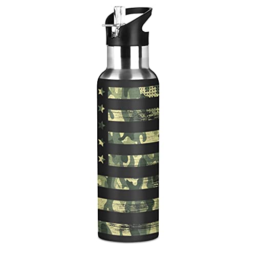 Yasala Water Bottle Camo American Flag Coffee Thermos Stainless Steel Insulated Beverage Container 20 oz with Straw Lid BPA-Free for Sport, Travel, Camping, Back to School