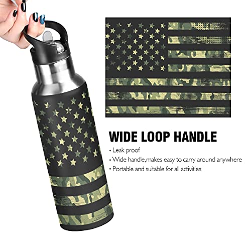 Yasala Water Bottle Camo American Flag Coffee Thermos Stainless Steel Insulated Beverage Container 20 oz with Straw Lid BPA-Free for Sport, Travel, Camping, Back to School