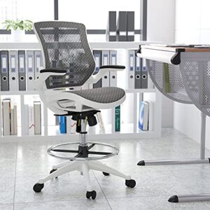 emma + oliver gray mid-back mesh drafting chair with white frame and flip-up arms