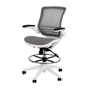 EMMA + OLIVER Gray Mid-Back Mesh Drafting Chair with White Frame and Flip-Up Arms