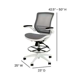 EMMA + OLIVER Gray Mid-Back Mesh Drafting Chair with White Frame and Flip-Up Arms
