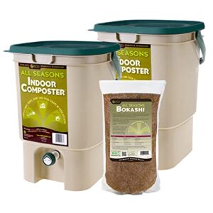 all seasons indoor composter duo, two 5-gallon countertop kitchen compost bin with 2 gallons (5.5 lbs) of bokashi - easily compost in your kitchen after every meal, low odor by scd probiotics