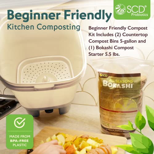 All Seasons Indoor Composter Duo, Two 5-Gallon Countertop Kitchen Compost Bin with 2 Gallons (5.5 lbs) of Bokashi - Easily Compost in Your Kitchen After Every Meal, Low Odor by SCD Probiotics