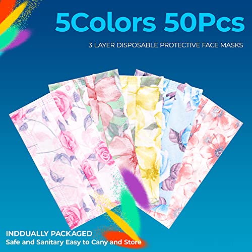 NiHealth 50-Pack Individually Wrapped Disposable Face Masks Tomorotec 3-Ply Colorful Breathable Non-Woven Masks (5 Flower Designs)