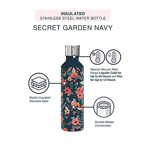 Studio Oh! OCS Designs Insulated Stainless-Steel Water Bottle - 17-Ounces - Secret Garden Triangle Shoulder Bottle in Navy - Vacuum Seal Keeps Liquids Cold up to 24 Hours - BPA-Free