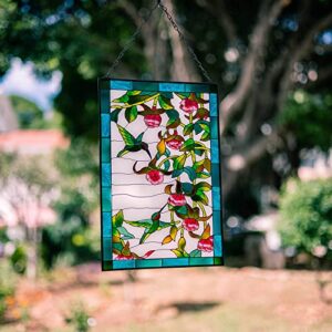 VEWOGARDEN W10xH15 inch Hummingbird Stained Glass Window Hangings, Suncatcher Panel with Chain for Wall or Windows