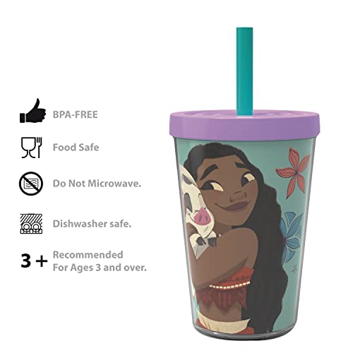 Zak Designs 13oz Disney Moana Movie Double Wall Tumbler with Lid and Straw, Made of Break-Resistant Plastic (13oz, Non BPA)