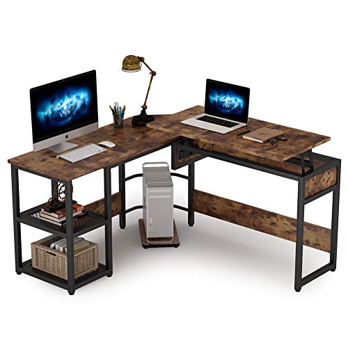 Tribesigns L Shaped Desk with Lift Top, Modern Sit to Stand Corner Computer Desk with Storage Shelves, Rustic Height Adjustable Standing Desk Workstation for Home Office (Rustic Brown)