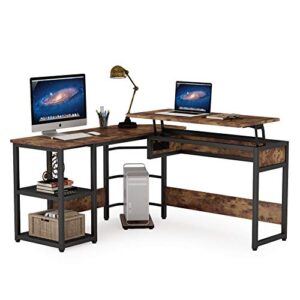 Tribesigns L Shaped Desk with Lift Top, Modern Sit to Stand Corner Computer Desk with Storage Shelves, Rustic Height Adjustable Standing Desk Workstation for Home Office (Rustic Brown)