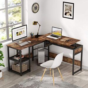 Tribesigns L Shaped Desk with Lift Top, Modern Sit to Stand Corner Computer Desk with Storage Shelves, Rustic Height Adjustable Standing Desk Workstation for Home Office (Rustic Brown)