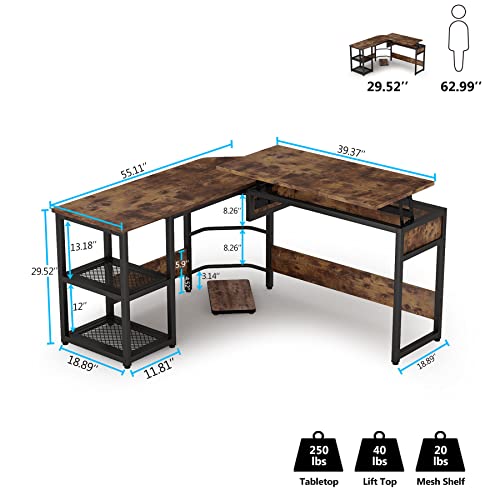 Tribesigns L Shaped Desk with Lift Top, Modern Sit to Stand Corner Computer Desk with Storage Shelves, Rustic Height Adjustable Standing Desk Workstation for Home Office (Rustic Brown)