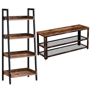 rolanstar shoe bench, 3-tier shoe rack 28.7”, storage entry bench with mesh shelves wood seat, ladder shelf with 3 hooks, 4 tier ladder bookshelf display plant for living room, home office