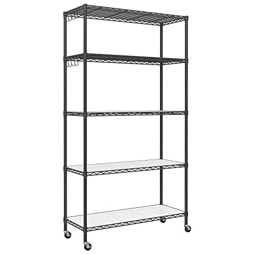 SONGMICS 5 Tier Garage Shelving, Wire Shelving Unit, 43.3 x 13.8 x 65.4 Inches, Adjustable Metal Shelves, 5 Plastic Liners 8 Hooks, Mobile Storage Shelves, Pantry Kitchen Basement, Black ULGR015B01