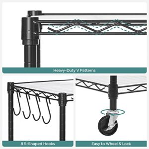 SONGMICS 5 Tier Garage Shelving, Wire Shelving Unit, 43.3 x 13.8 x 65.4 Inches, Adjustable Metal Shelves, 5 Plastic Liners 8 Hooks, Mobile Storage Shelves, Pantry Kitchen Basement, Black ULGR015B01