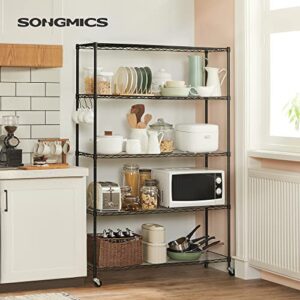 SONGMICS 5 Tier Garage Shelving, Wire Shelving Unit, 43.3 x 13.8 x 65.4 Inches, Adjustable Metal Shelves, 5 Plastic Liners 8 Hooks, Mobile Storage Shelves, Pantry Kitchen Basement, Black ULGR015B01