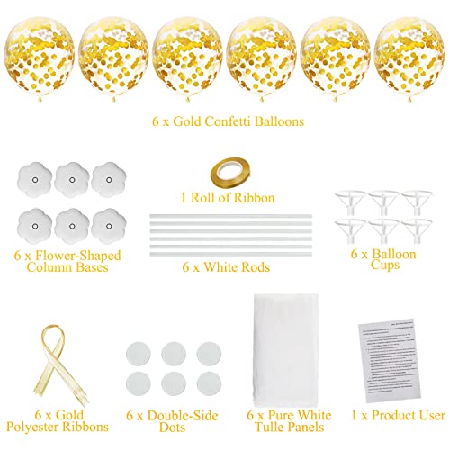 Elecrainbow 6 Pack Gold White Tutu Tulle Balloon Centerpieces Set for Baby Shower Table Decorations, Kids Birthday, Wedding, Bridal Shower, Welcome Back,Party, 44 Units