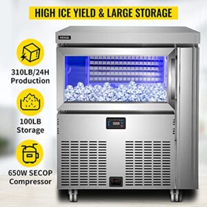 VEVOR 110V Commercial Ice Maker Machine, 300LBS/24H Stainless Steel Under Counter Ice Machine with 100LB Storage, 108PCS Clear Cube, Auto Operation, Include Water Filter, 2 Scoops, Connection Hose